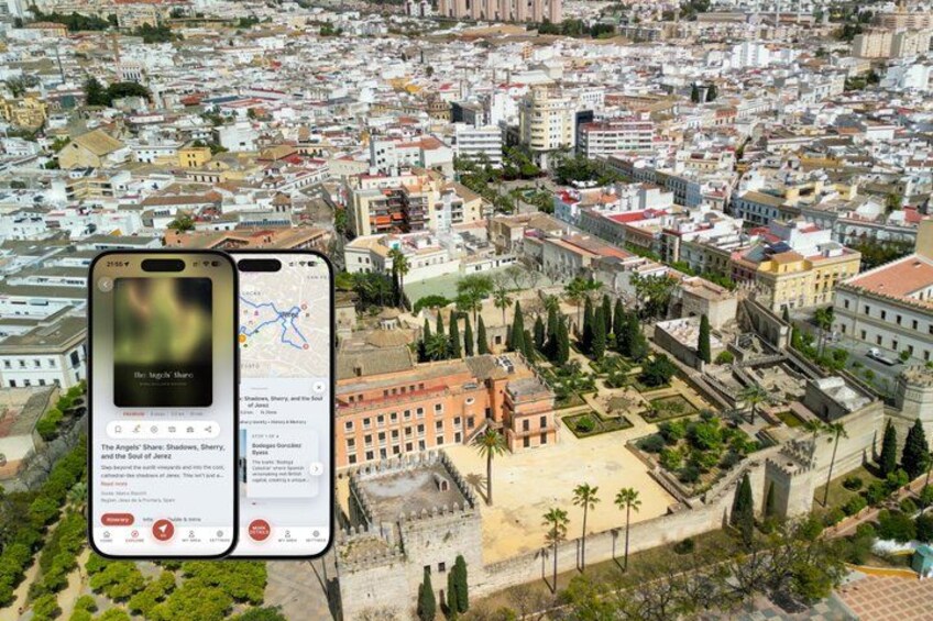 A cityscape with a prominent historical building and a smartphone displaying a map. 1