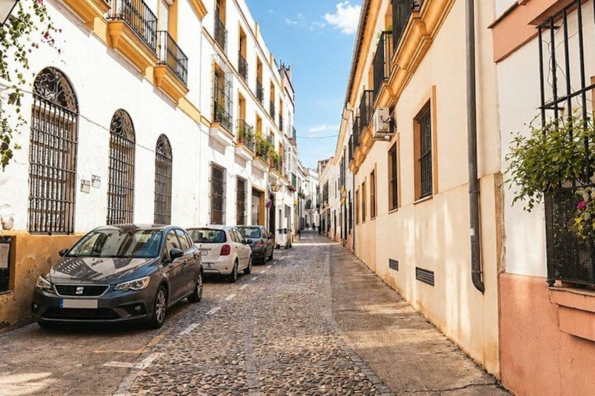 A cobblestone street lined with white buildings with balconies, parked cars, and hanging plants. 4