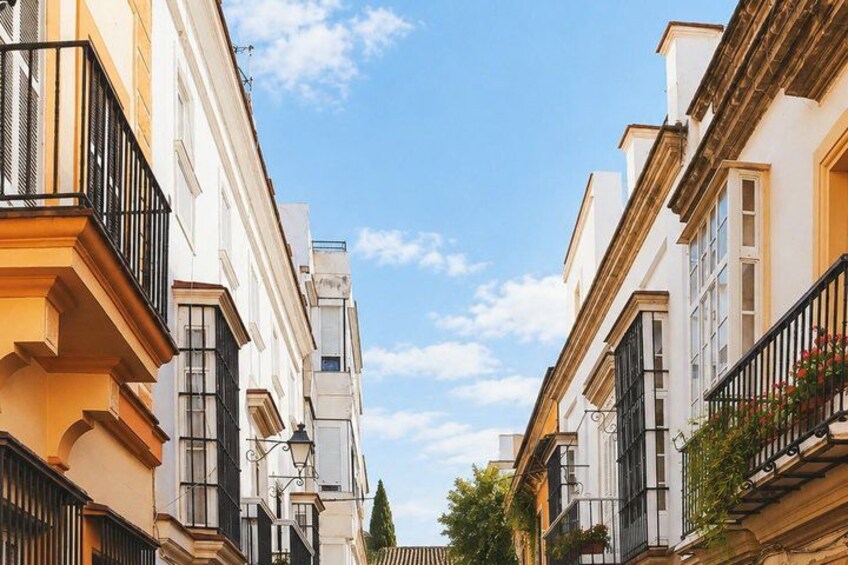 A street with buildings, a clear sky, and a tree. 3