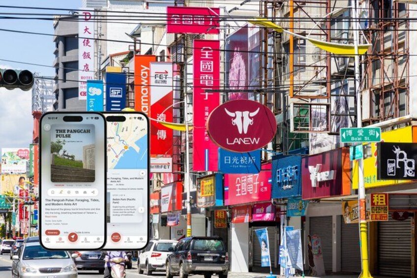 A busy urban street with various colorful billboards and signs, including a prominent red circular sign with a bull logo. 1