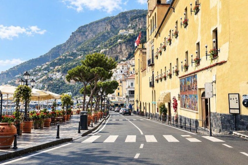 A coastal street with buildings, trees, and a mountain in the background. 2