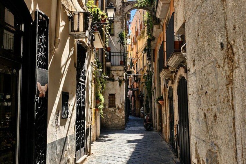 A narrow cobblestone street flanked by buildings with balconies, some adorned with plants. 1