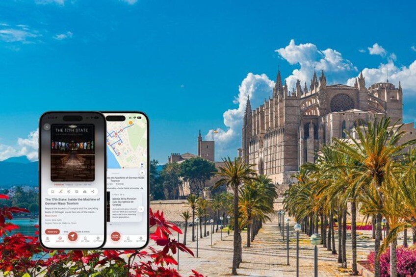 A smartphone displaying a travel app with a cathedral and palm trees in the background. 1