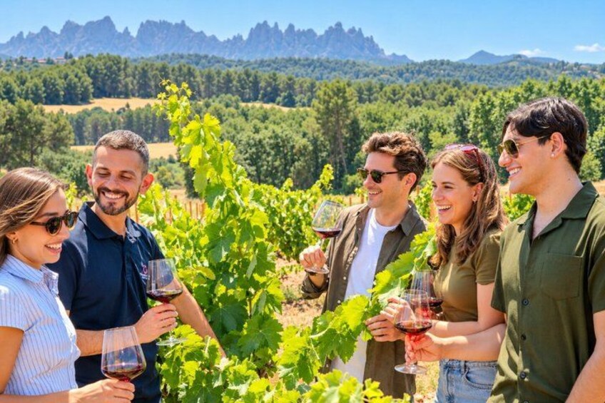 A group of people standing in a vineyard with rows of grapevines and a mountainous landscape in the background. 3