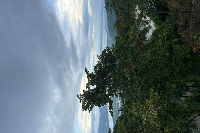 A cloudy sky, a tree, and a mountain range. 4