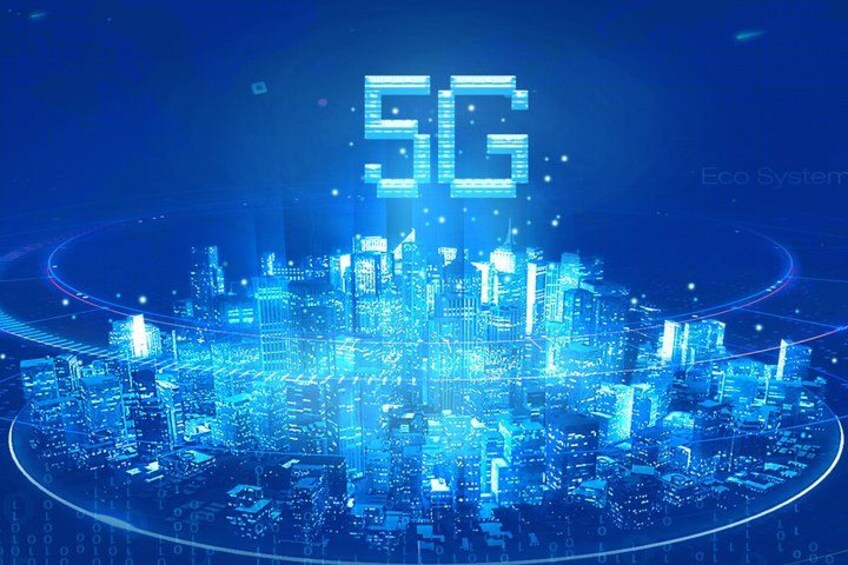 A digital cityscape with a prominent 5G symbol. 3