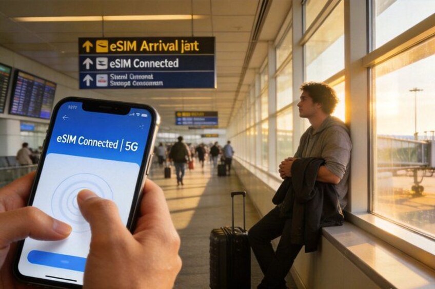 A person holding a smartphone displaying 'eSIM Connected | 5G' at an airport. 1