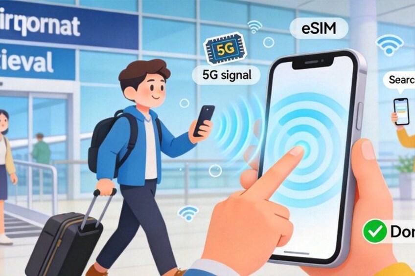 A person taking a selfie with a smartphone displaying a 5G signal icon. 5