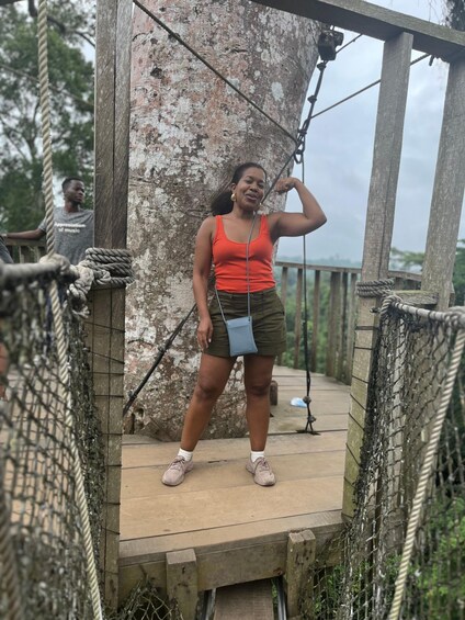 A person on a rope bridge with a tree and a rope in the background. 4