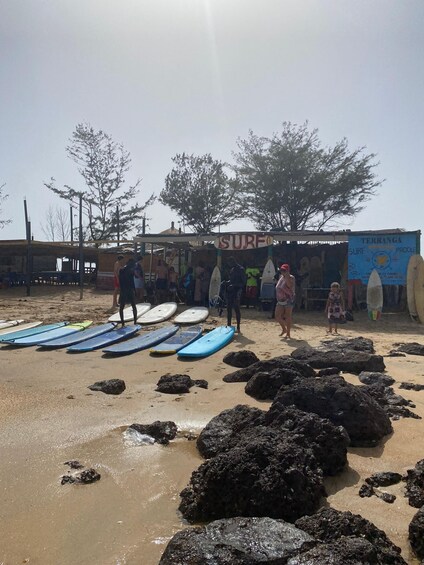 A beach with surfboards lined up, a surf shop, and people walking. 4