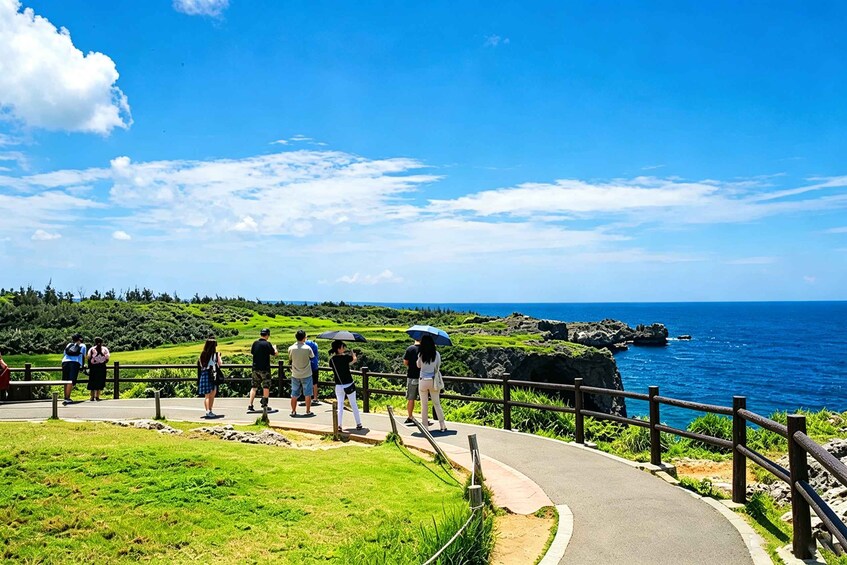 A coastal landscape with a paved walkway, people observing the view, and a clear blue sky. 5
