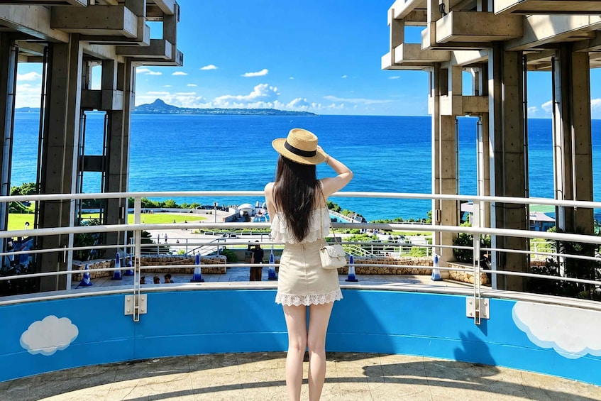 A person standing on a balcony overlooking a coastal area with a clear view of the ocean and a distant mountain. 1
