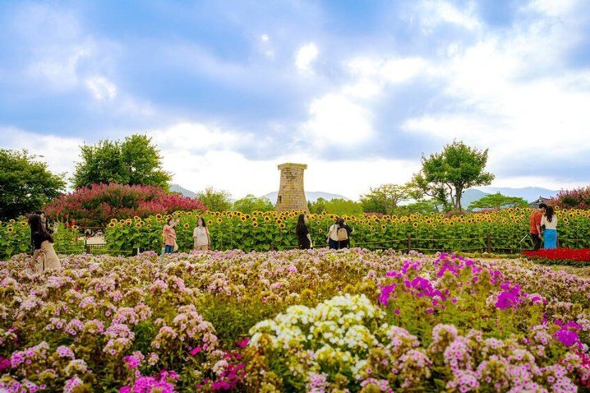 A garden with various flowers and a tower-like structure in the background. 4