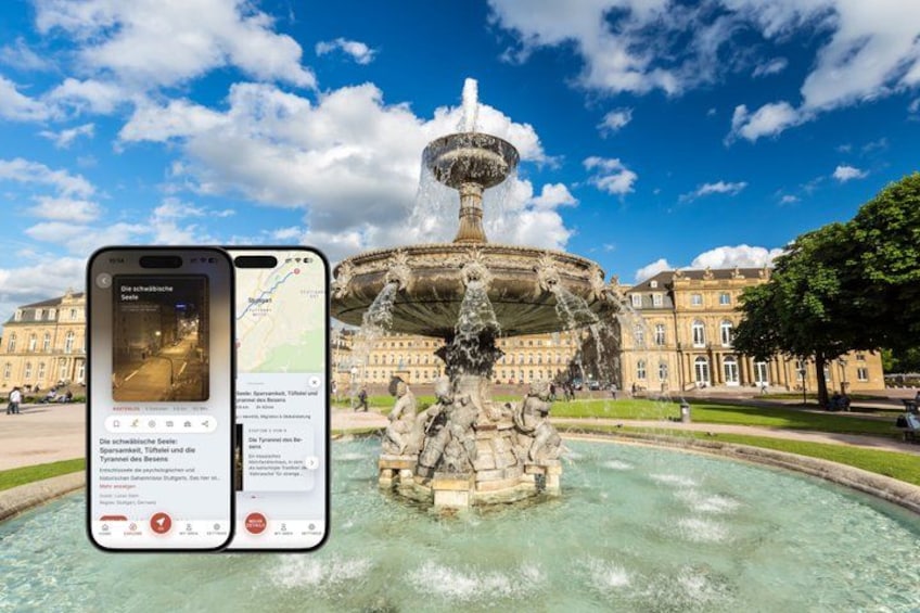 A historic fountain with water jets, a smartphone displaying a map, and classical architecture in the background. 1