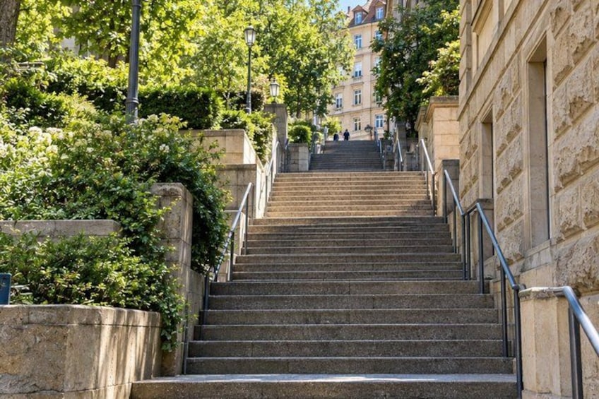 A stone staircase ascending a hill, flanked by stone walls and greenery, leading to a building. 4