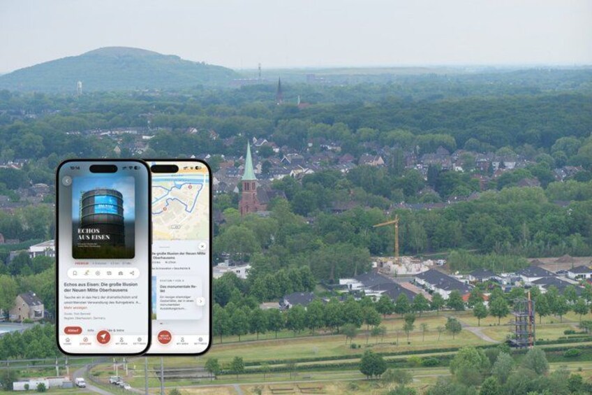 A smartphone displaying a map and a photo of a town with a church spire. 1