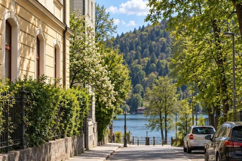 A tree-lined street with parked cars, a building with arched windows, and a lake in the background. 2