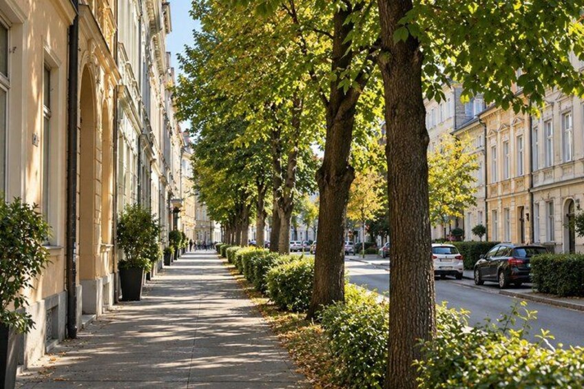 A tree-lined urban street with buildings on either side. 4