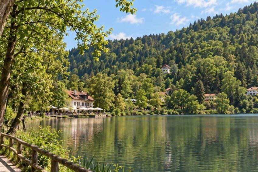 A lake with a wooden dock, surrounded by lush greenery and houses on a hillside. 3