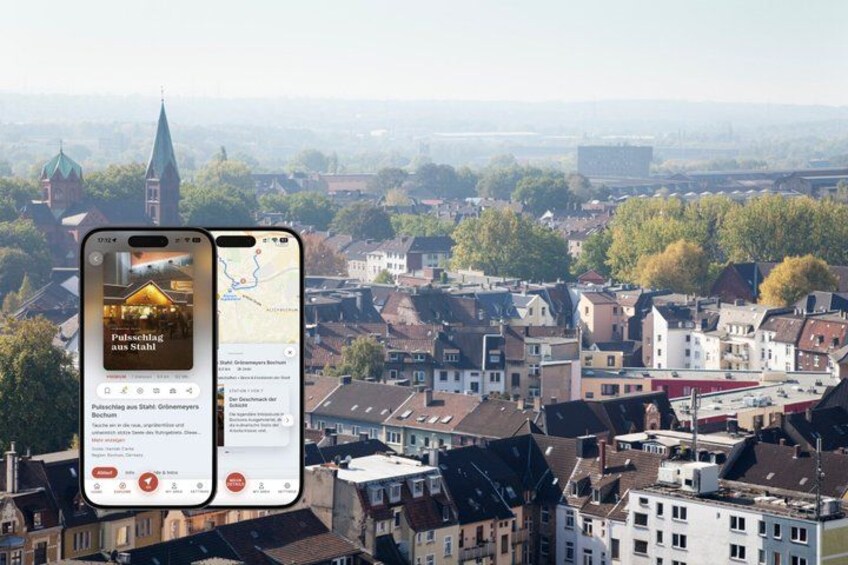 A smartphone displaying a map application with a cityscape in the background. 1