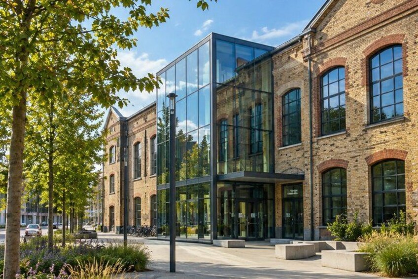 A modern building with glass windows, a brick facade, and a tree-lined street. 2