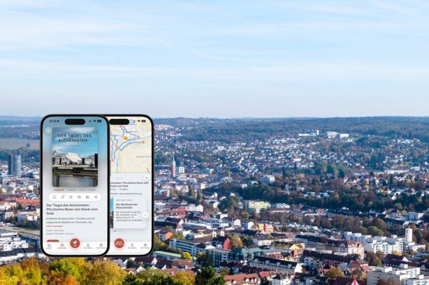 A smartphone displaying a map with a city view in the background. 1