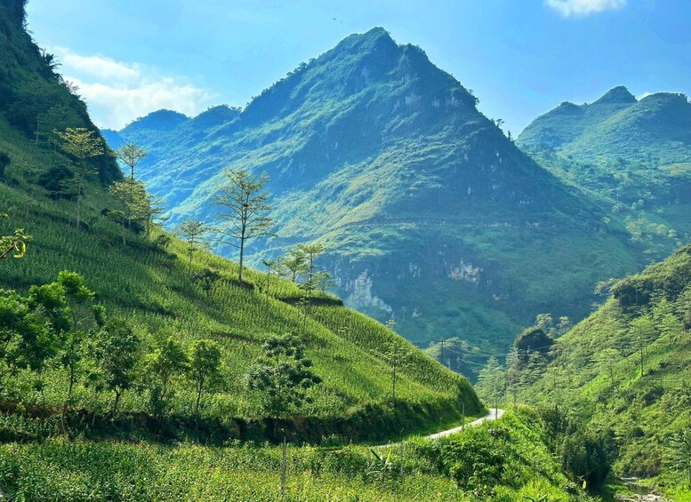 Une vallée verdoyante et luxuriante, traversée par une route sinueuse et bordée de montagnes escarpées et couvertes de forêts. 3