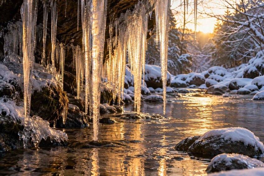 Icicles hanging over a river with snow-covered rocks and trees in the background. 3