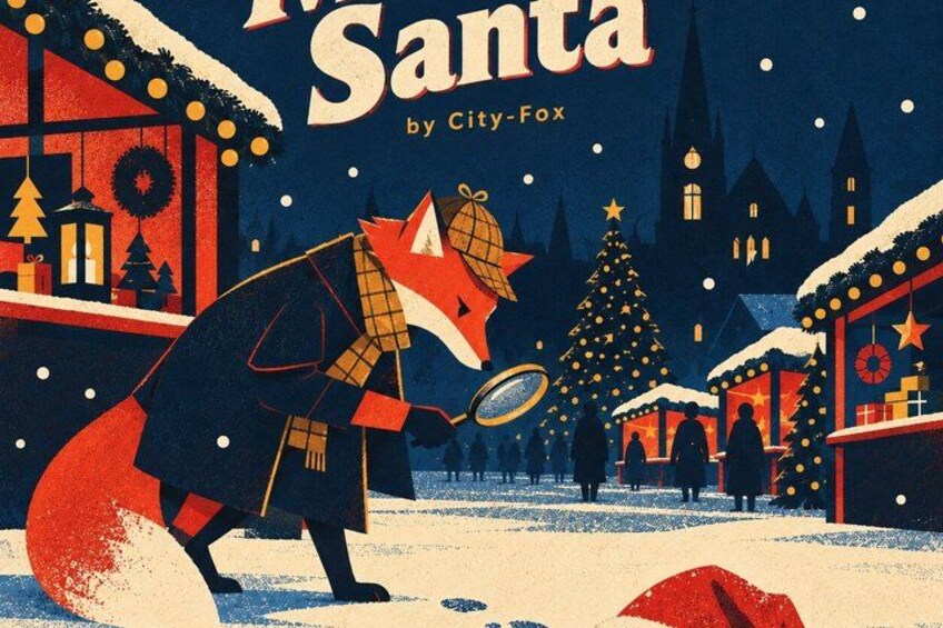 A fox wearing a detective hat and magnifying glass in a snowy town square with a Christmas tree and shops. 4
