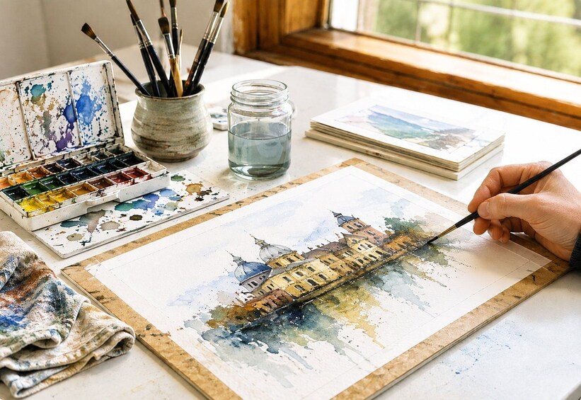 A watercolor painting of a building in progress, with a palette, brushes, and a jar of water on a table. 3