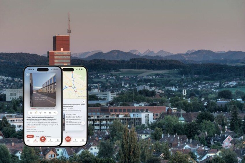 A smartphone displaying a map and a photo of a building with a red roof, set against a backdrop of a town and mountains. 1