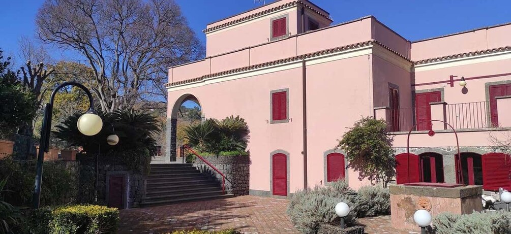 Un bâtiment rose avec des volets rouges, un escalier et un jardin où poussent différentes espèces de plantes. 4