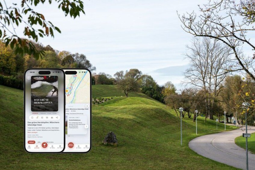A smartphone displaying a map and a scenic view of a park with a grassy hill and trees. 1