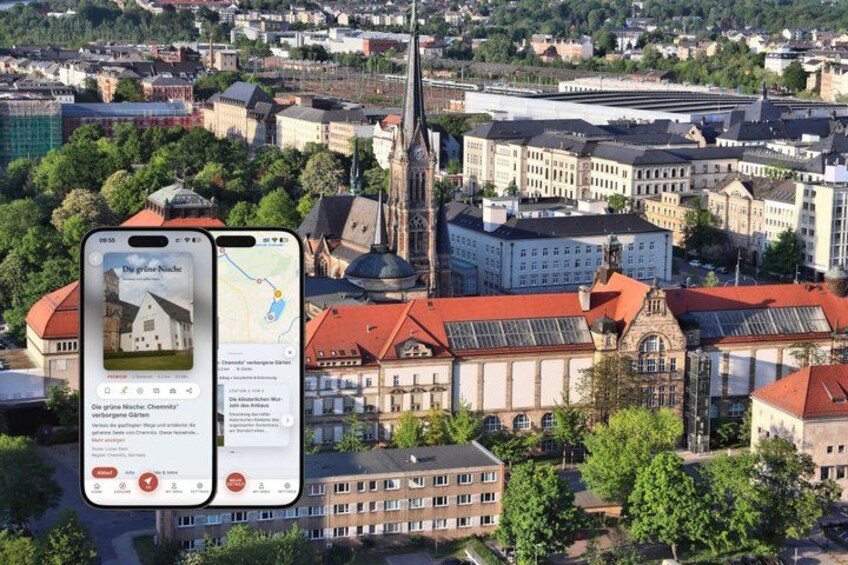 A smartphone displaying a map and a building labeled 'Die grüne Nische.' 1