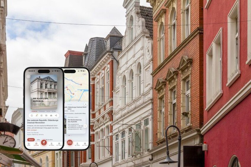 A smartphone displaying a map and building information against a backdrop of historic European architecture. 1