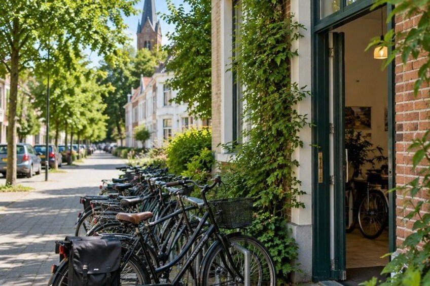 A row of bicycles parked along a tree-lined street with buildings and a church in the background. 5