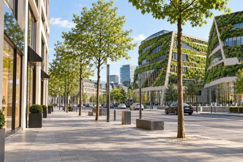 A city street with modern buildings, trees, and parked cars. 5