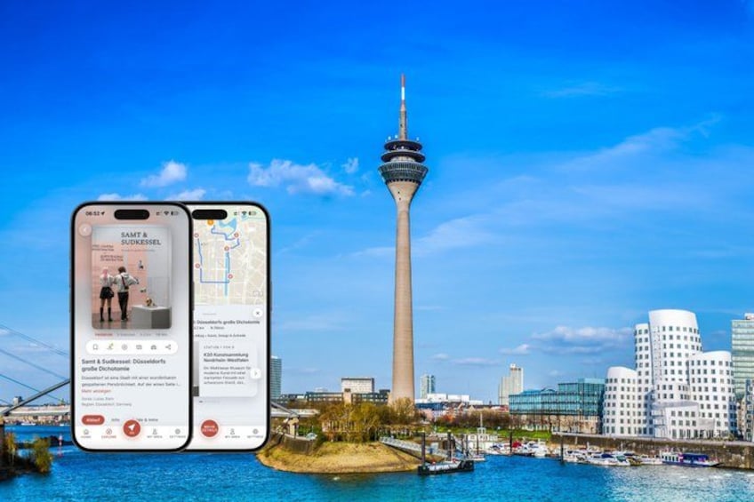 A smartphone displaying a map and a cityscape with a prominent tower. 1
