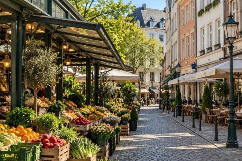 A cobblestone street lined with fruit and vegetable stalls, outdoor seating, and historic buildings. 2