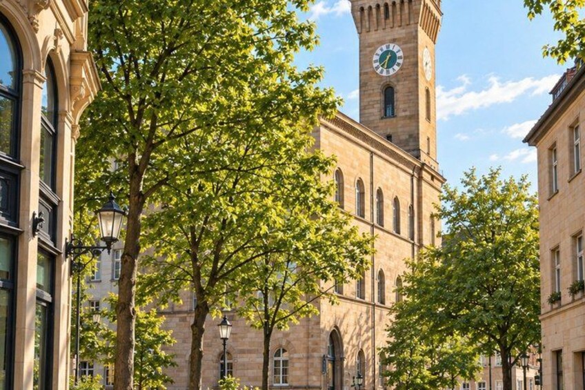 A historic building with a clock tower, surrounded by trees and other architecture. 2