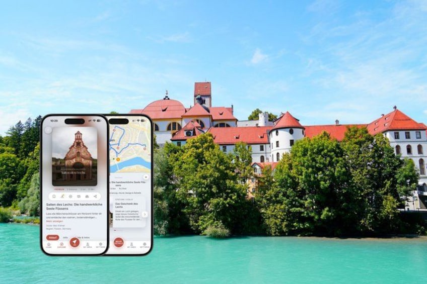 A smartphone displaying a photo of a historic building with a red roof, a map, and a location pin. 1
