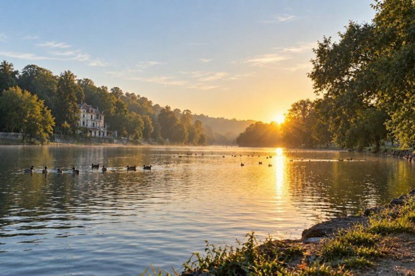 A calm lake at sunrise with ducks swimming, surrounded by trees and a house on the shore. 5