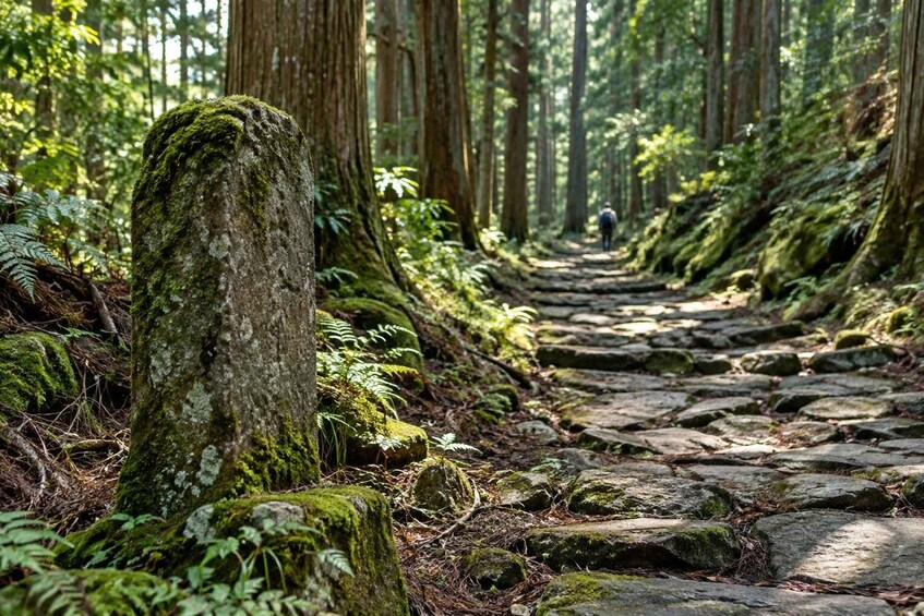 A forest path with moss-covered rocks and ferns. 3