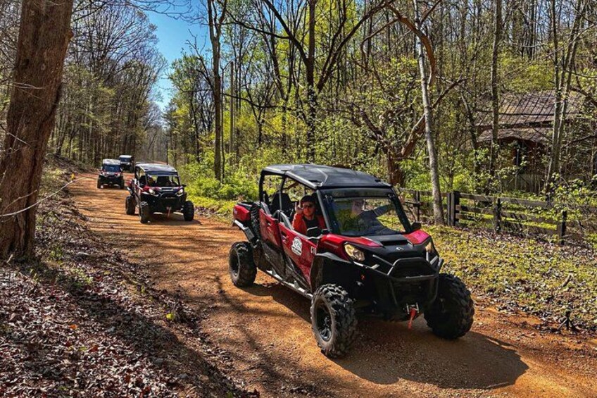 Off-road vehicles on a dirt path surrounded by trees. 2