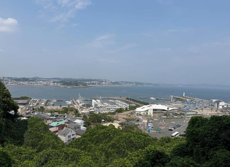 A coastal town with a marina, a large white building, and a lighthouse in the distance. 3