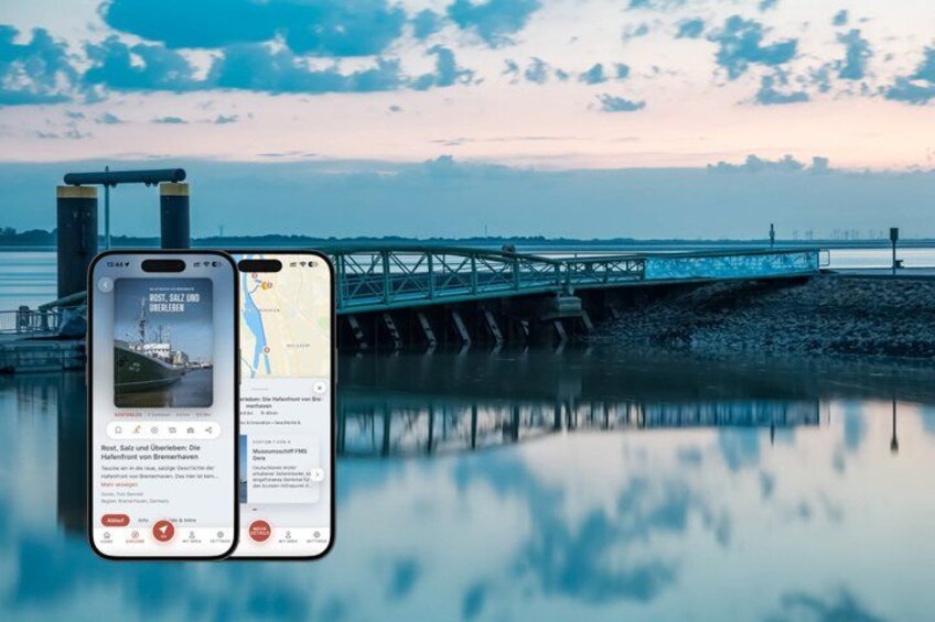 A smartphone displaying a map and a bridge over water. 1