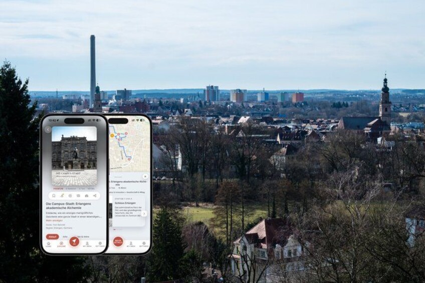 A smartphone displaying a map with a view of a cityscape, including buildings and a tower. 1