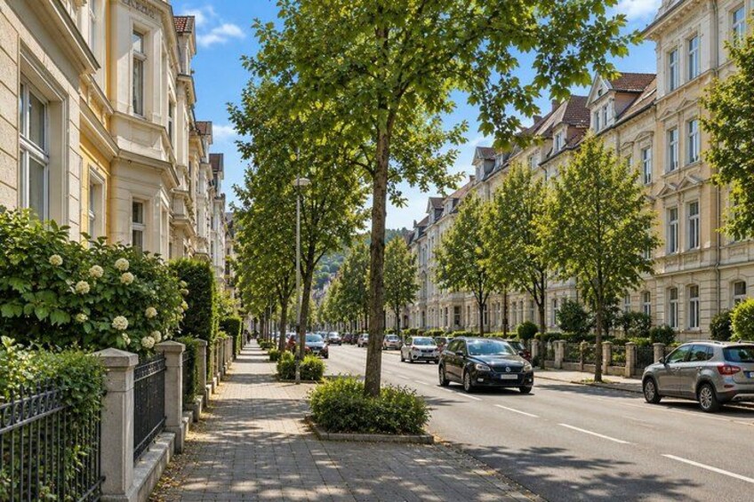 A tree-lined street with parked cars and buildings. 5
