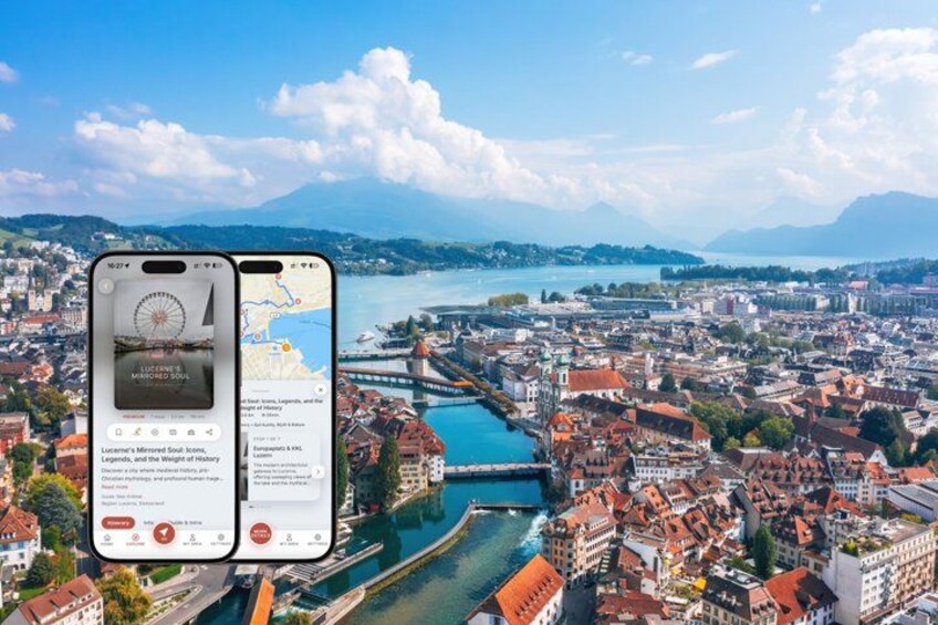 A smartphone displaying a map of Lucerne, Switzerland, with a view of the city and lake. 1