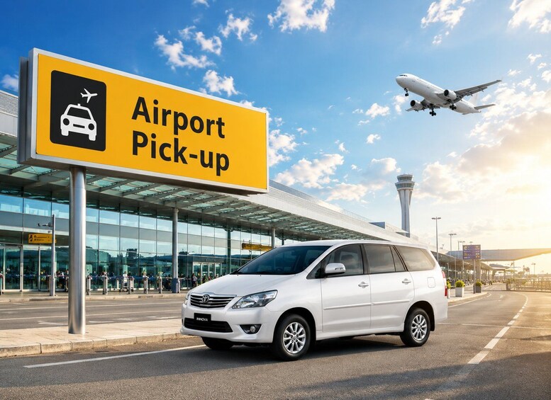 A white car parked in front of an airport with a sign reading 'Airport Pick-up' and an airplane in the background. 2